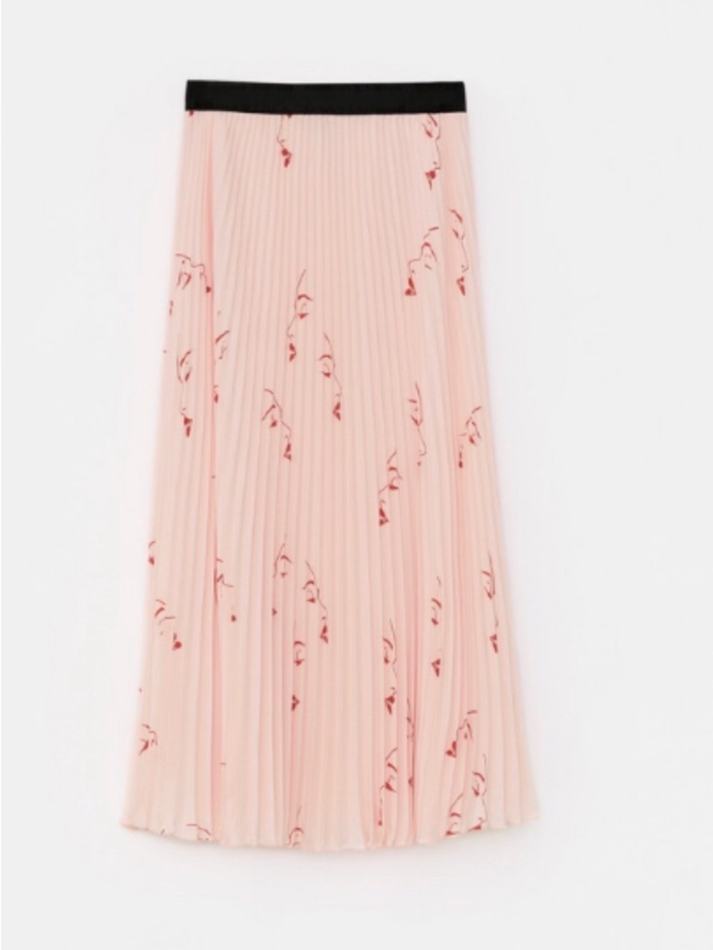 Light Pink Pleated Maxi Skirt with Subtle Red Floral Print